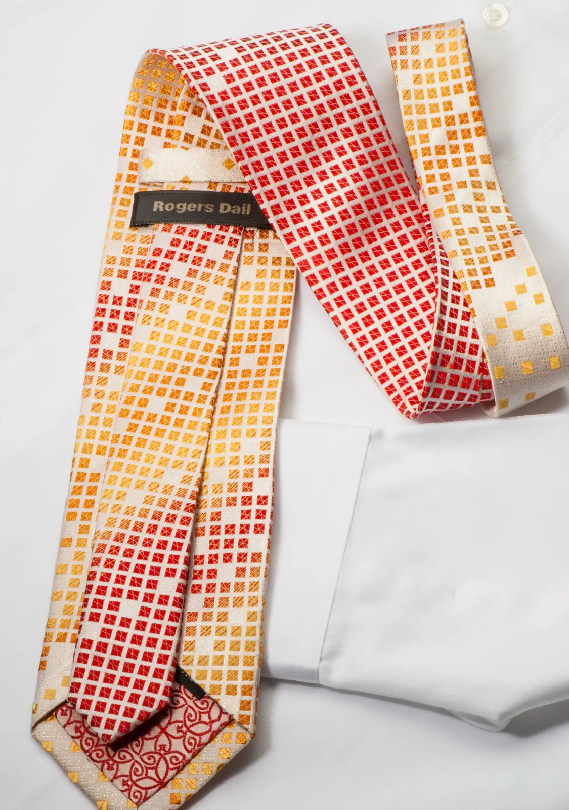 Rogers Dail Men's Rhinestone Silk Necktie Orange Yellow Checked On Cream With Sparkles