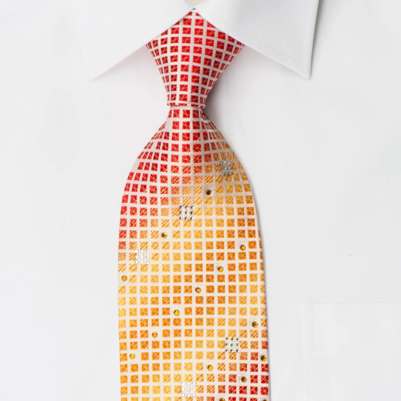 Rogers Dail Men's Rhinestone Silk Necktie Orange Yellow Checked On Cream With Sparkles