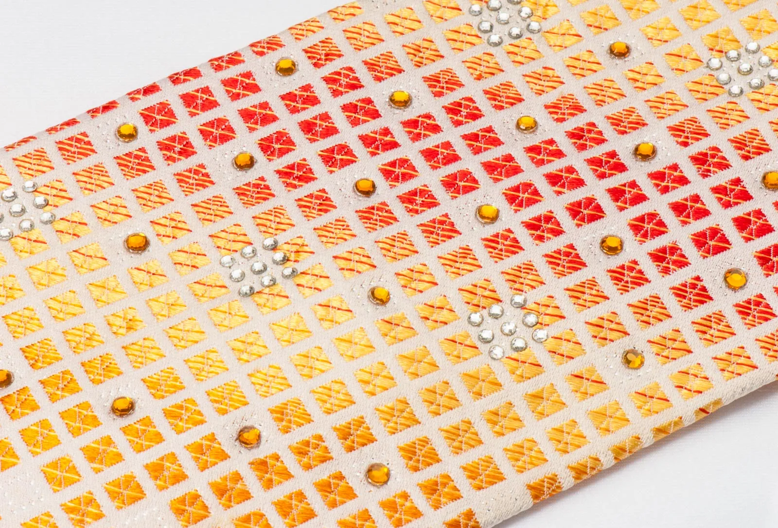 Rogers Dail Men's Rhinestone Silk Necktie Orange Yellow Checked On Cream With Sparkles
