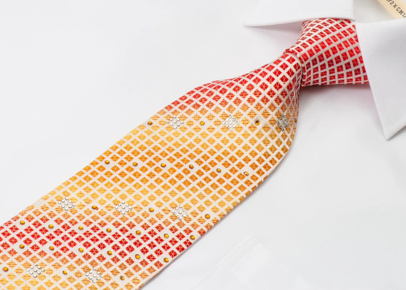 Rogers Dail Men's Rhinestone Silk Necktie Orange Yellow Checked On Cream With Sparkles
