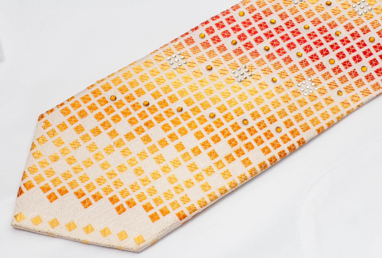 Rogers Dail Men's Rhinestone Silk Necktie Orange Yellow Checked On Cream With Sparkles