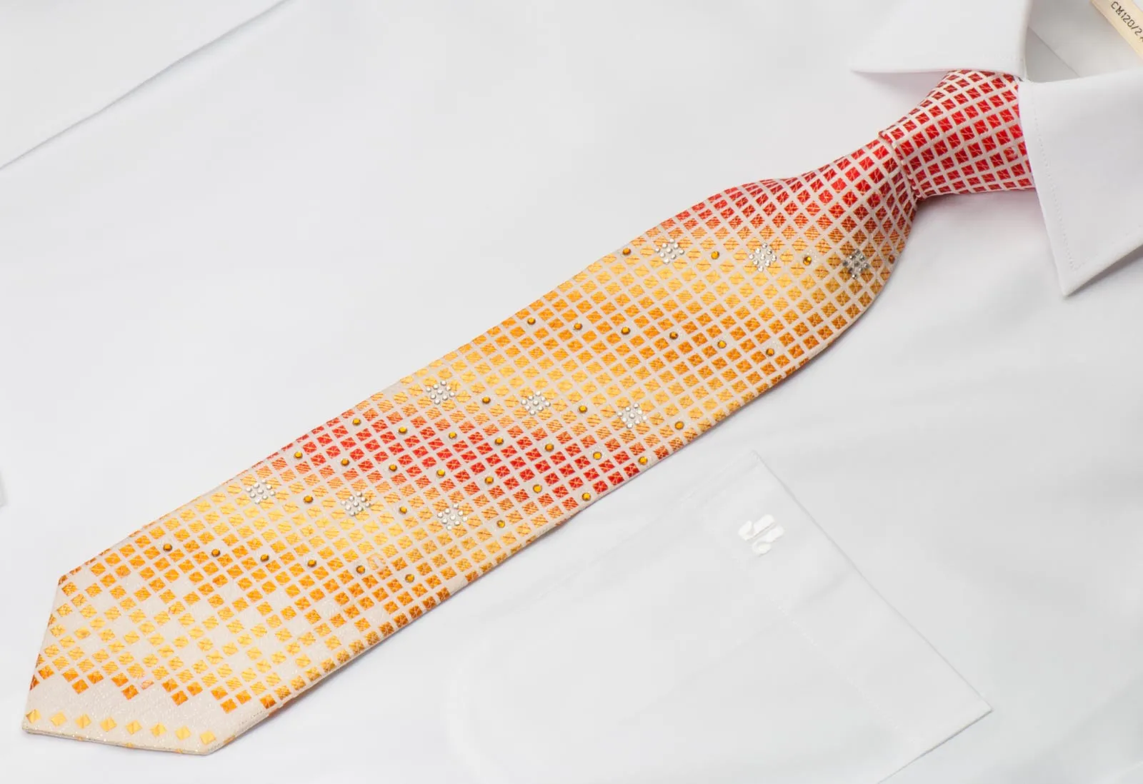 Rogers Dail Men's Rhinestone Silk Necktie Orange Yellow Checked On Cream With Sparkles