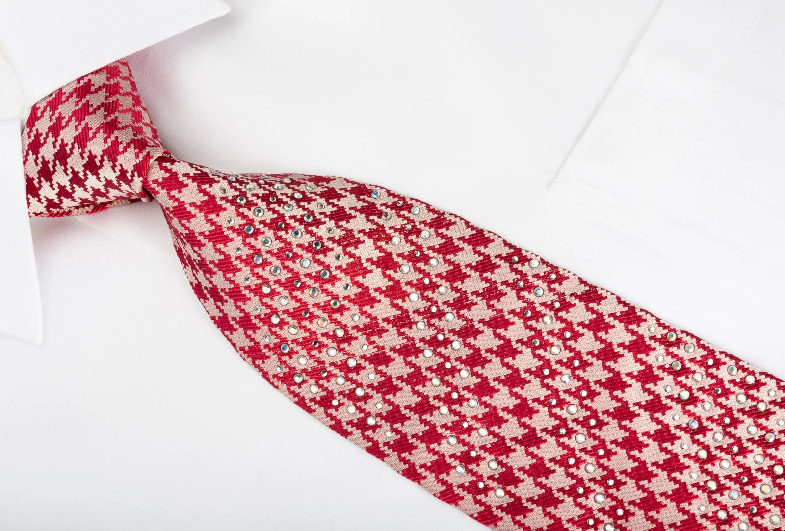 Rogers Dail Men's Silk Necktie Red Silver Hounds Tooth With Rhinestones