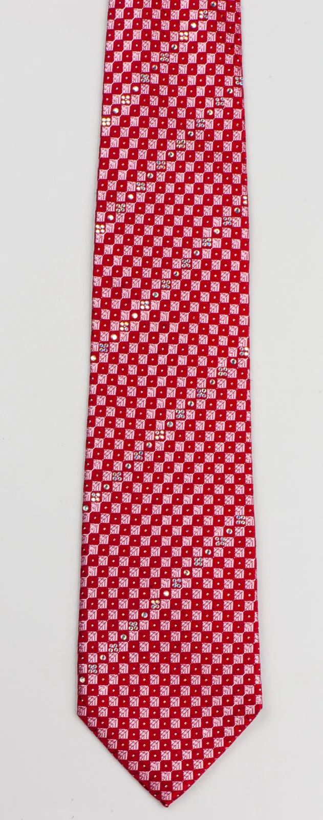 Silk Neck Tie By Elegance Red Checker Design With White Rhinestones 3 1/4 Inch