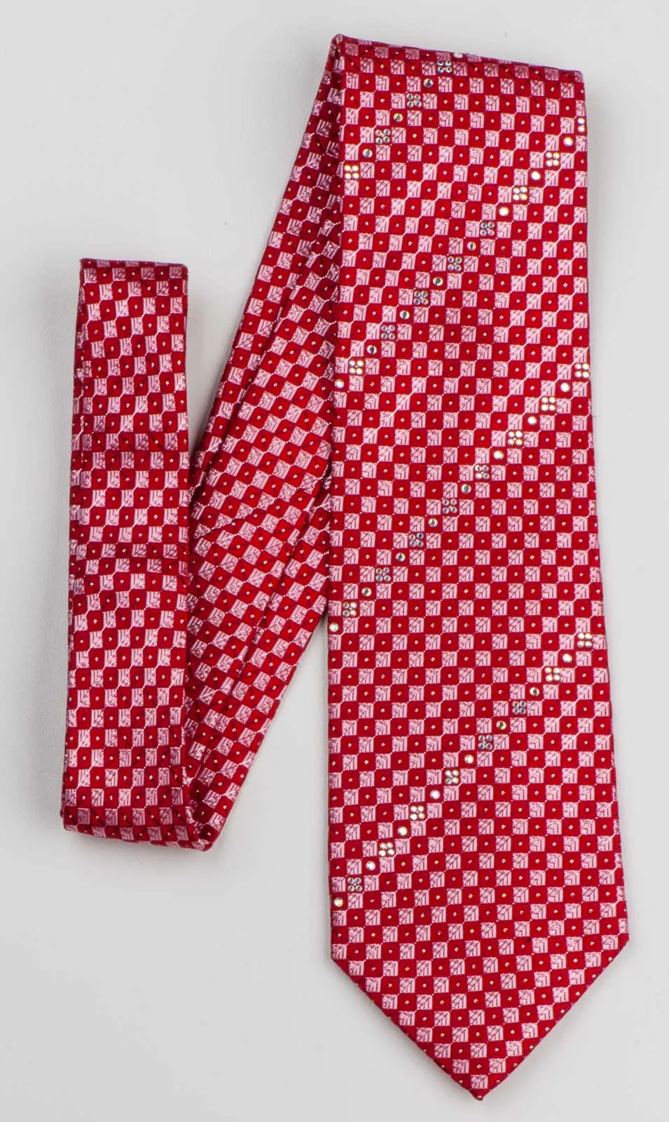 Silk Neck Tie By Elegance Red Checker Design With White Rhinestones 3 1/4 Inch
