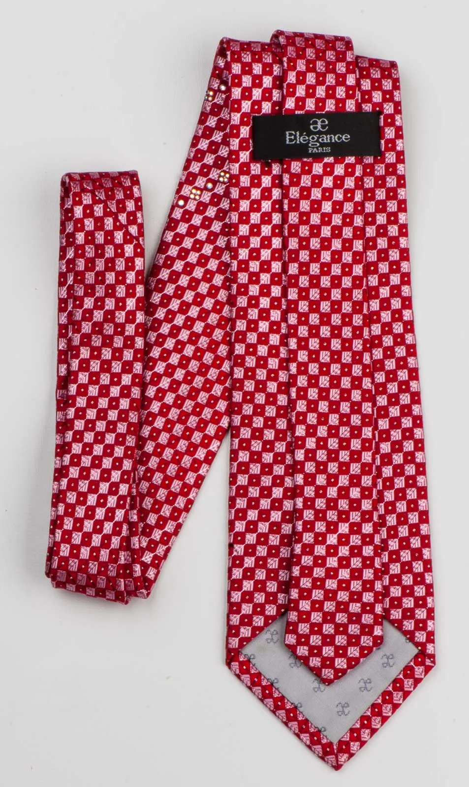 Silk Neck Tie By Elegance Red Checker Design With White Rhinestones 3 1/4 Inch
