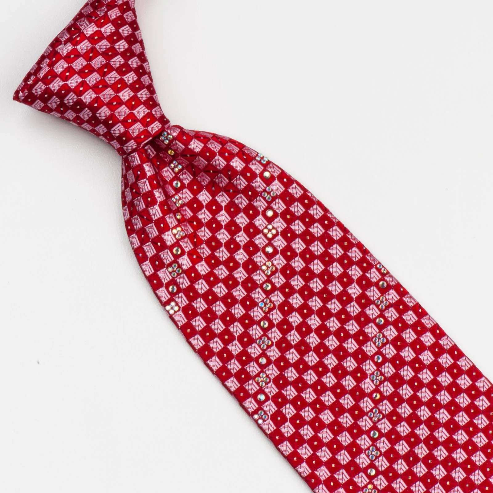 Silk Neck Tie By Elegance Red Checker Design With White Rhinestones 3 1/4 Inch