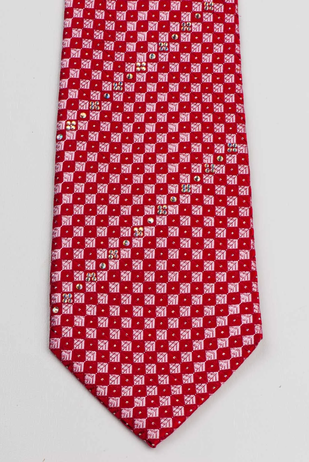 Silk Neck Tie By Elegance Red Checker Design With White Rhinestones 3 1/4 Inch