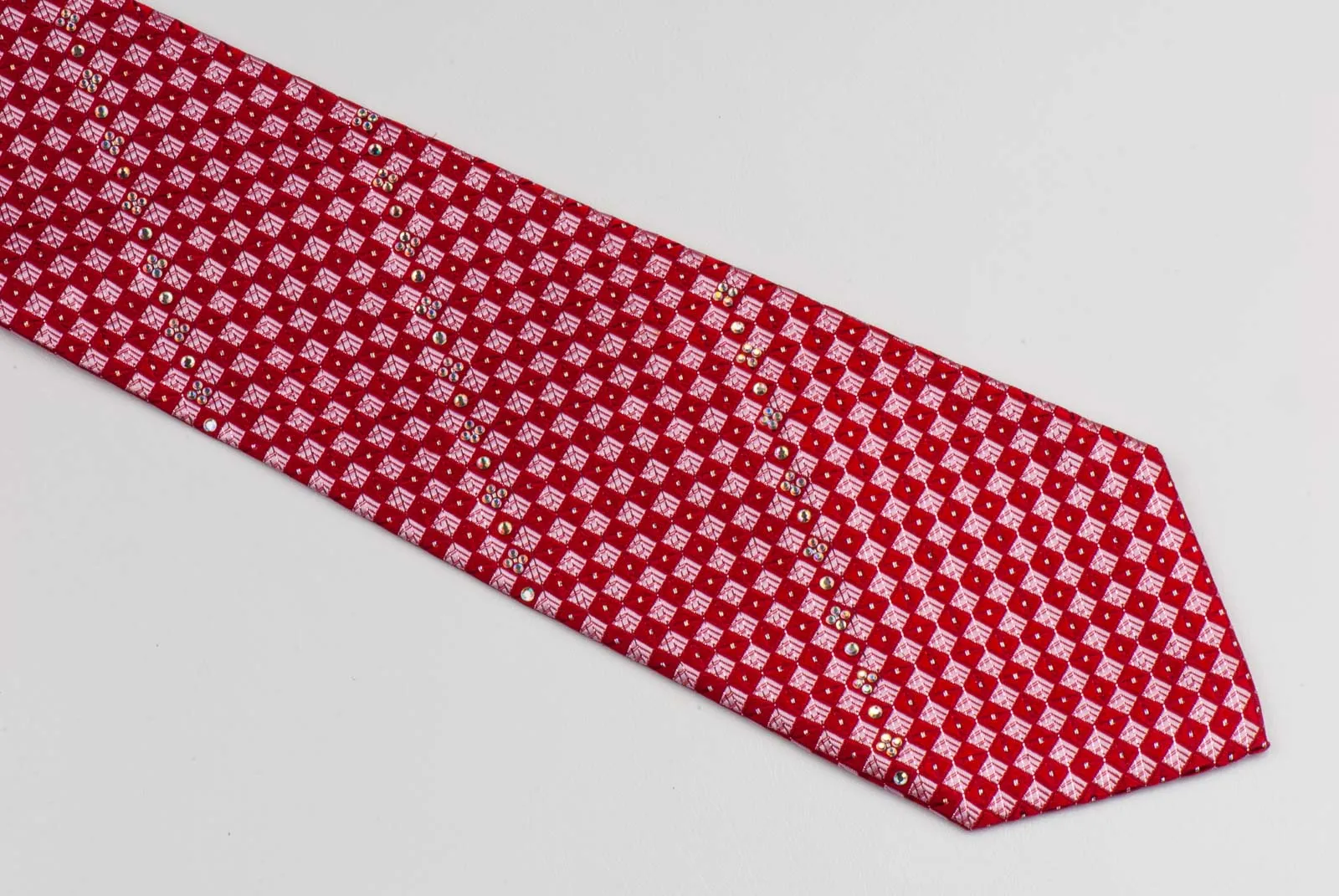 Silk Neck Tie By Elegance Red Checker Design With White Rhinestones 3 1/4 Inch