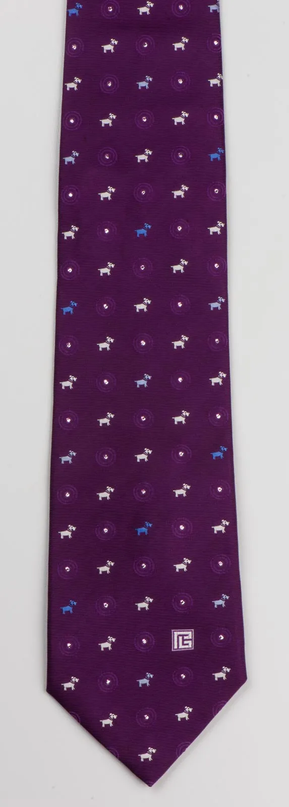 Silk Neck Tie By Pierre Balmain White Blue Scottie Dogs On Purple With Silver Sparkles