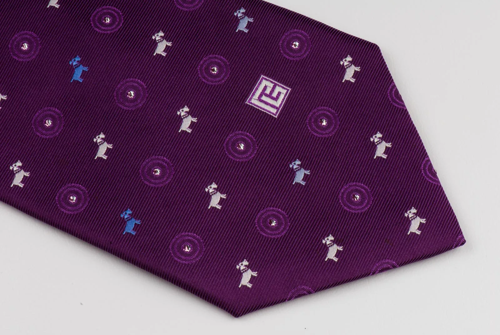 Silk Neck Tie By Pierre Balmain White Blue Scottie Dogs On Purple With Silver Sparkles