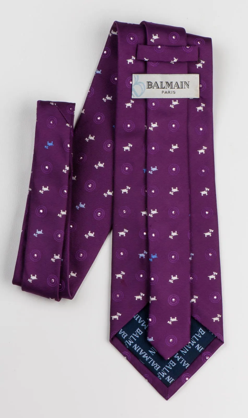 Silk Neck Tie By Pierre Balmain White Blue Scottie Dogs On Purple With Silver Sparkles