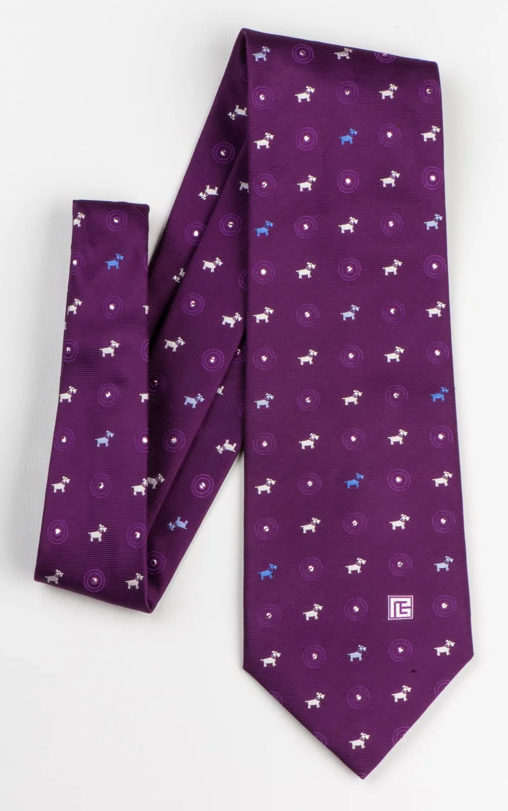 Silk Neck Tie By Pierre Balmain White Blue Scottie Dogs On Purple With Silver Sparkles