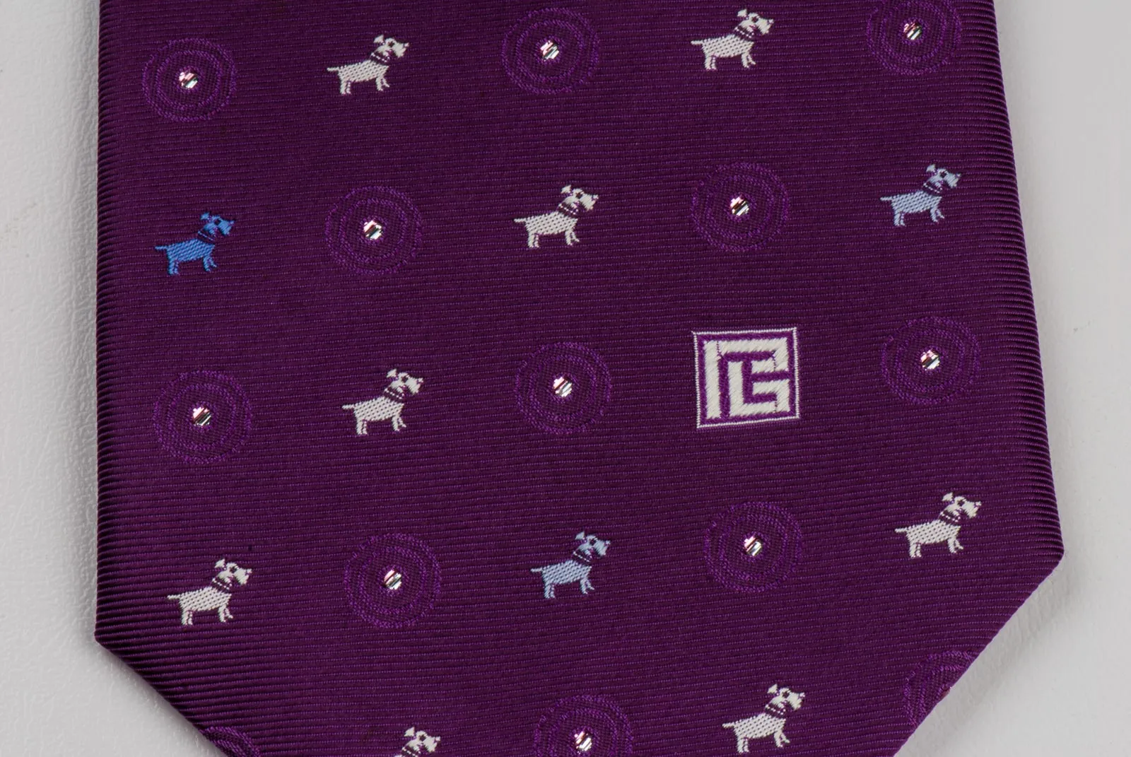 Silk Neck Tie By Pierre Balmain White Blue Scottie Dogs On Purple With Silver Sparkles