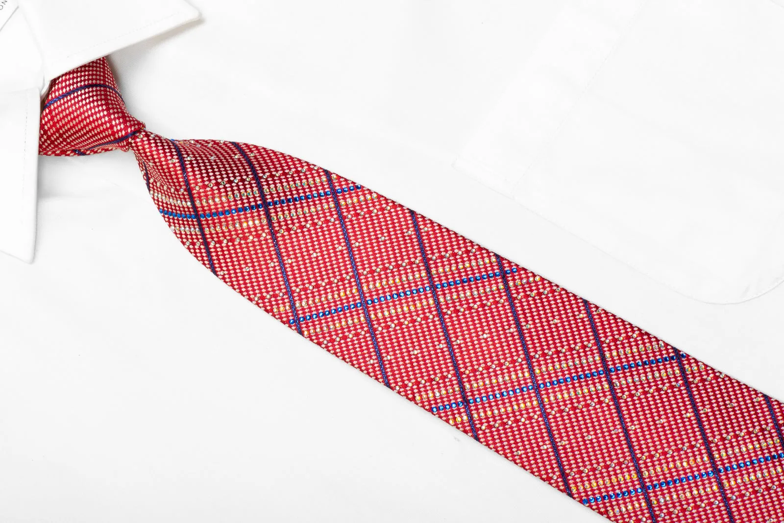 Silk Necktie Blue Stripes On Red With Blue Sparkles