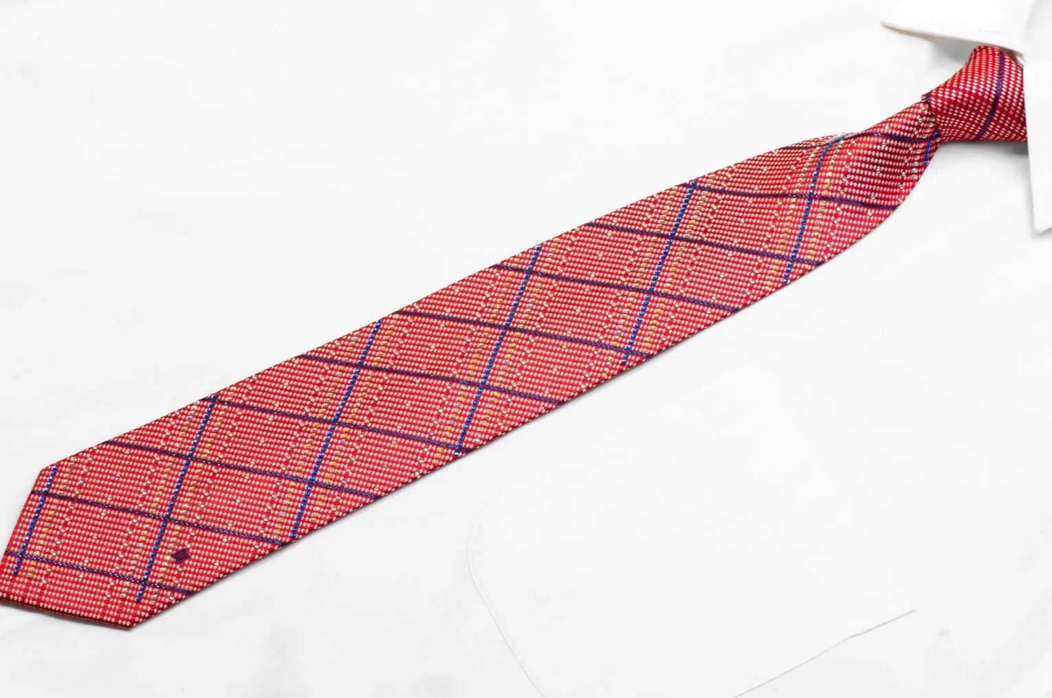 Silk Necktie Blue Stripes On Red With Blue Sparkles