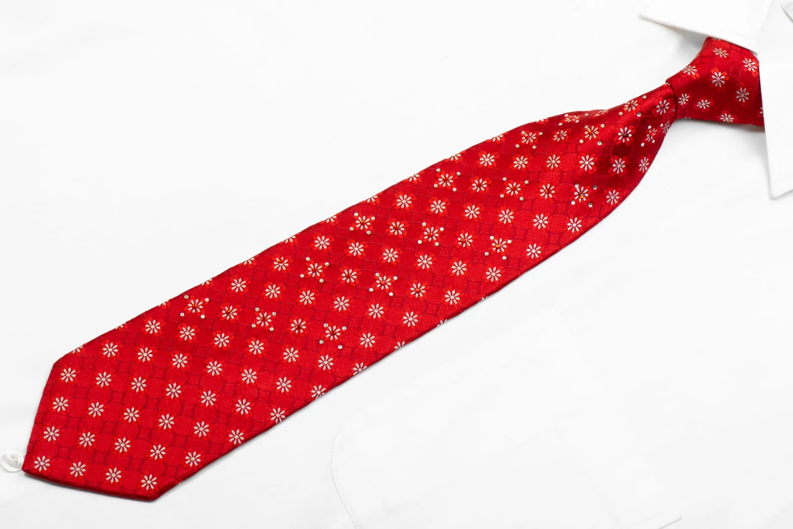 Silk Necktie Floral On Red With Rhinestones