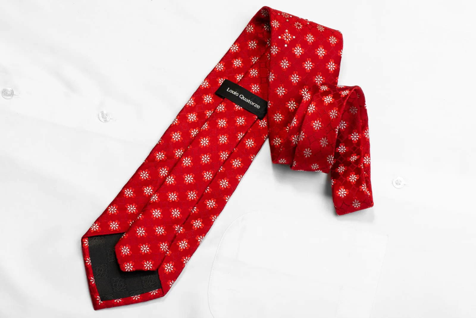 Silk Necktie Floral On Red With Rhinestones