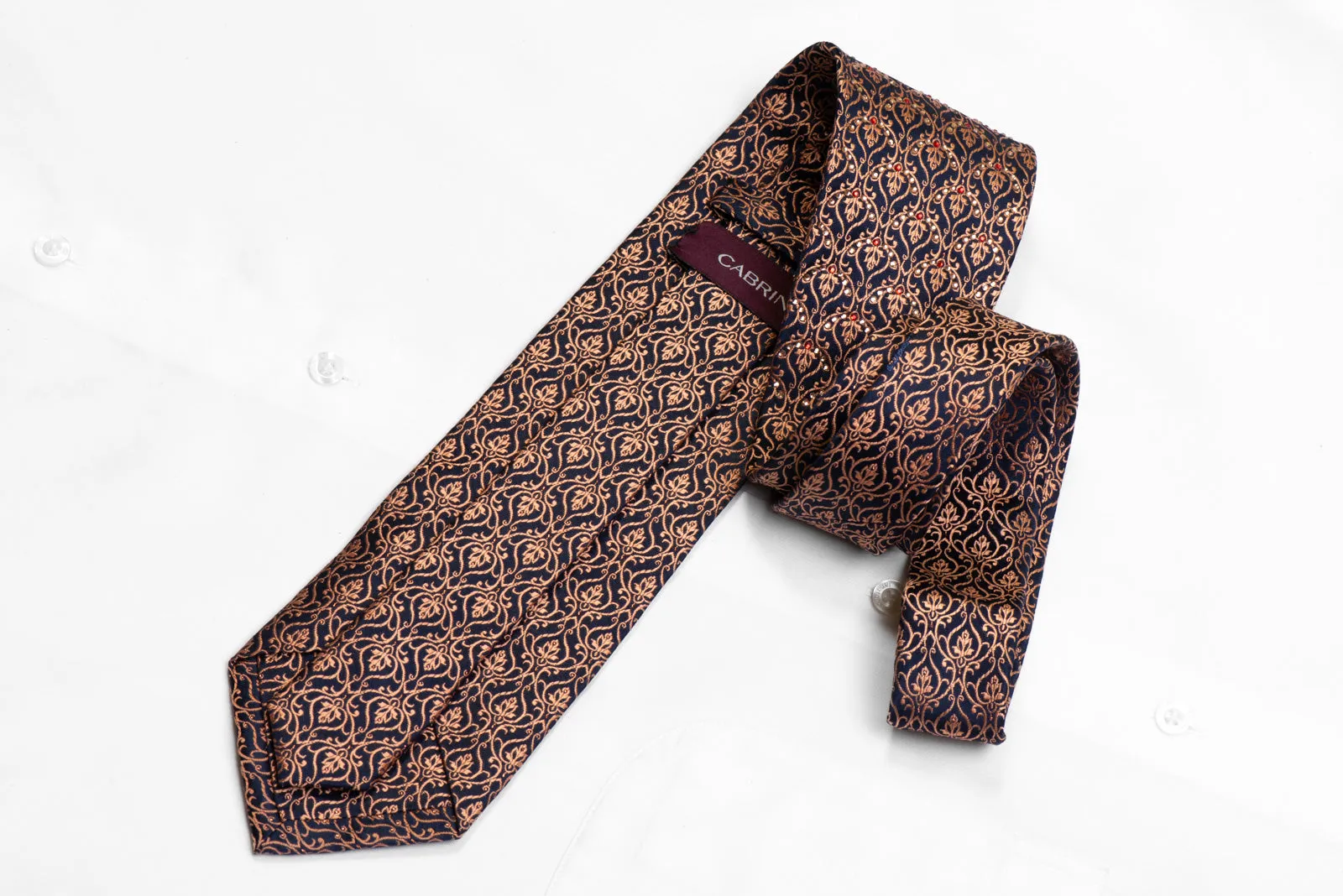 Silk Necktie Orange Filigree On Navy With Rhinestones & Orange Sparkles