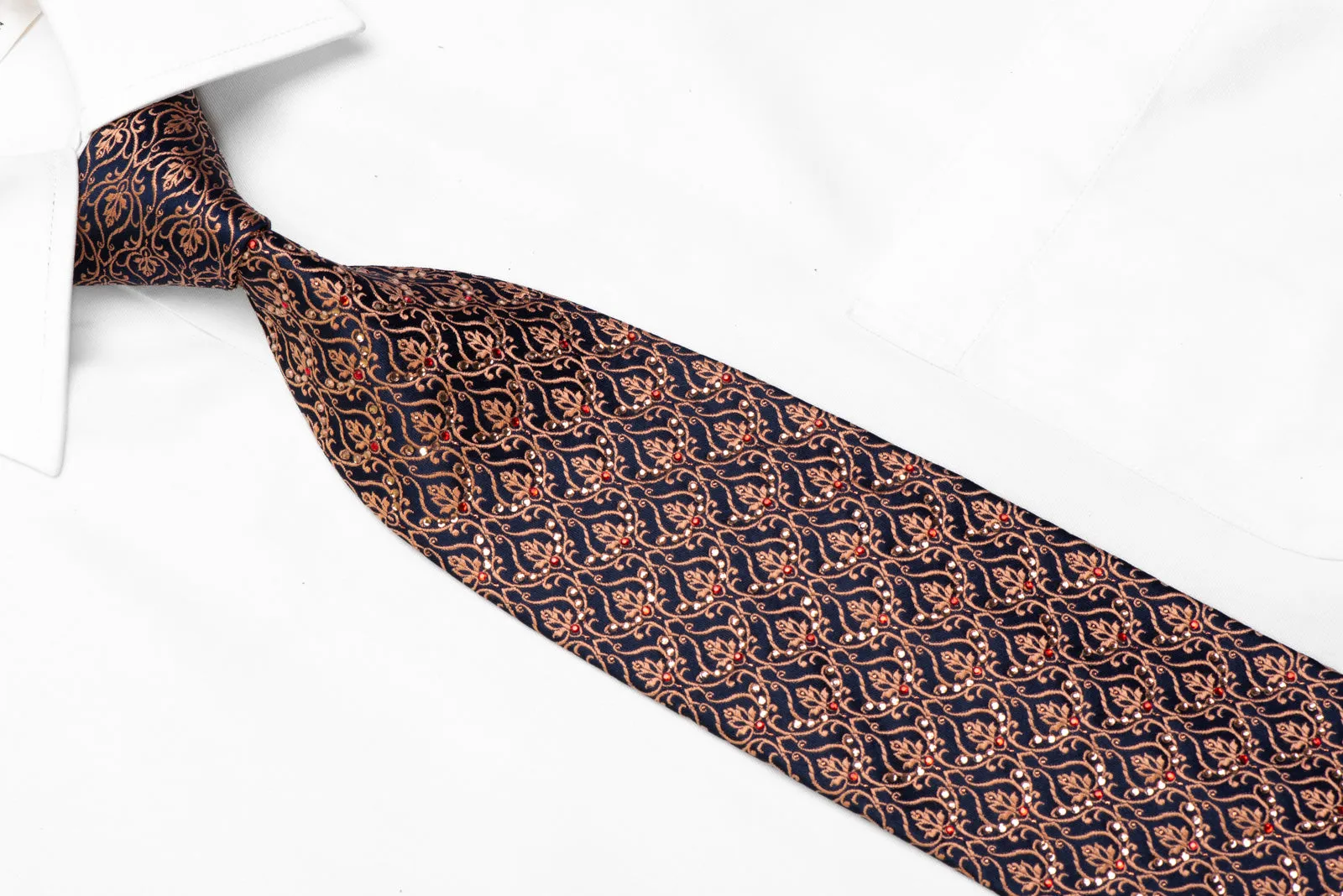 Silk Necktie Orange Filigree On Navy With Rhinestones & Orange Sparkles