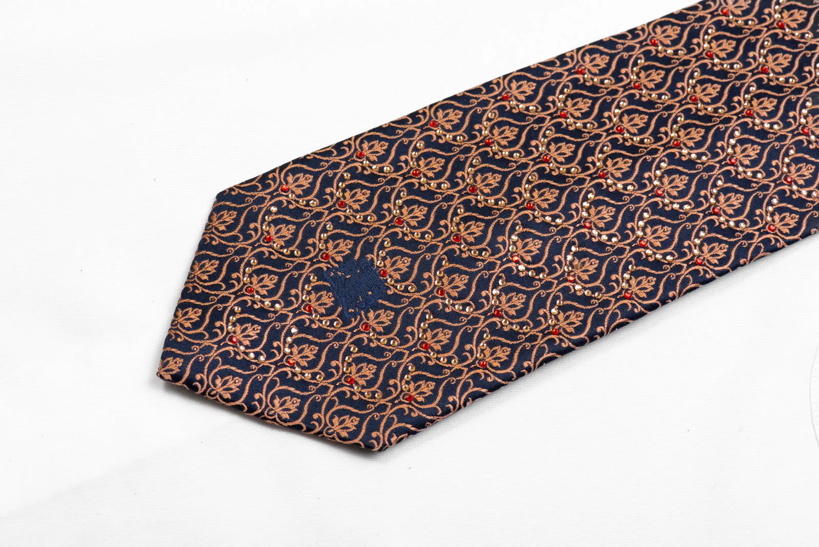Silk Necktie Orange Filigree On Navy With Rhinestones & Orange Sparkles