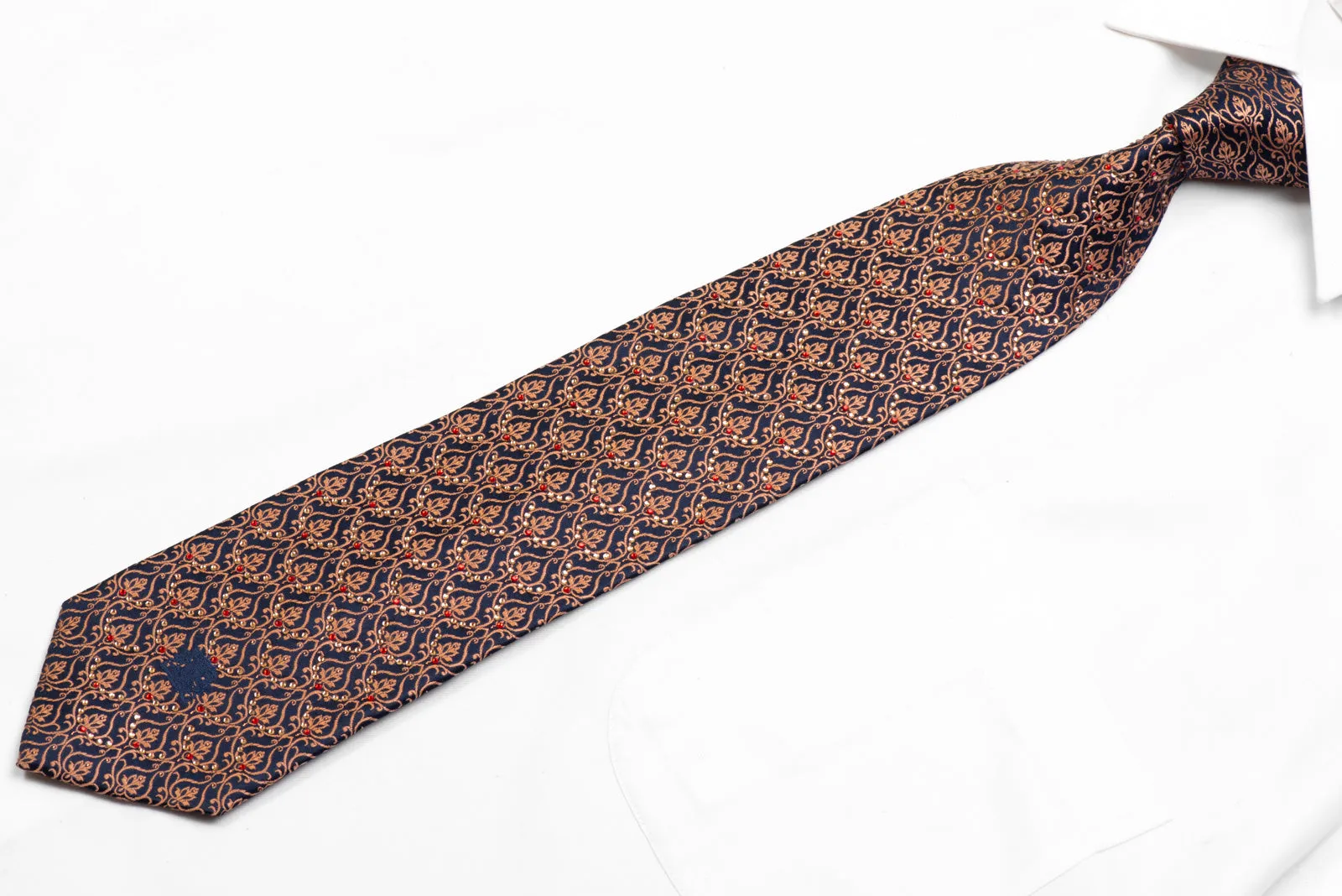 Silk Necktie Orange Filigree On Navy With Rhinestones & Orange Sparkles
