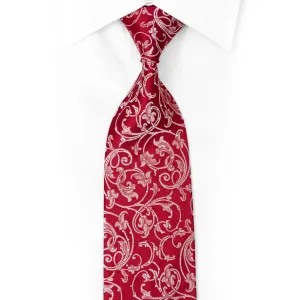 Silver Acanthus Scrolls On Red Rhinestone Silk Tie