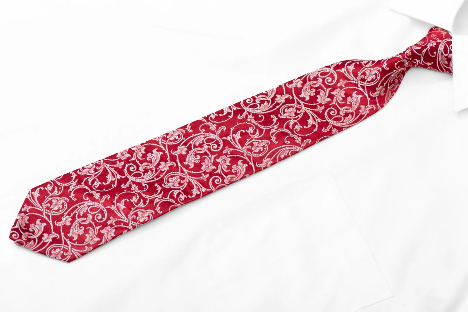 Silver Acanthus Scrolls On Red Rhinestone Silk Tie