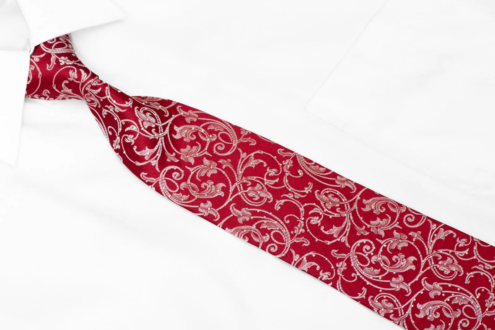 Silver Acanthus Scrolls On Red Rhinestone Silk Tie