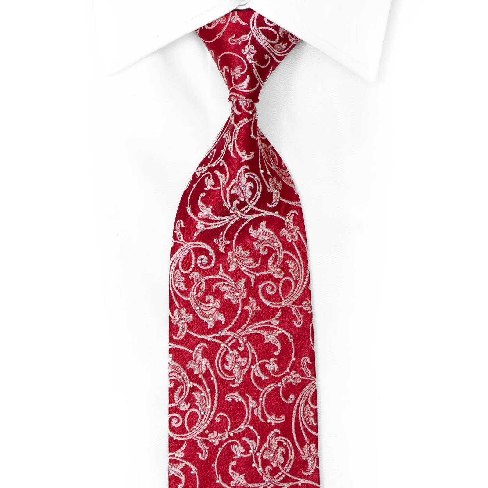 Silver Acanthus Scrolls On Red Rhinestone Silk Tie