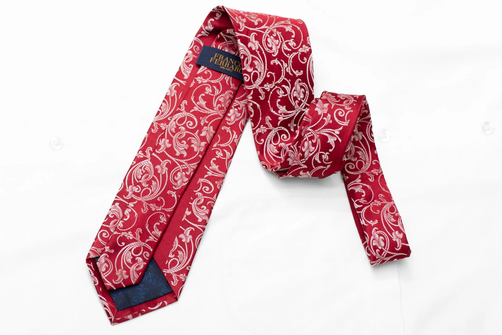 Silver Acanthus Scrolls On Red Rhinestone Silk Tie