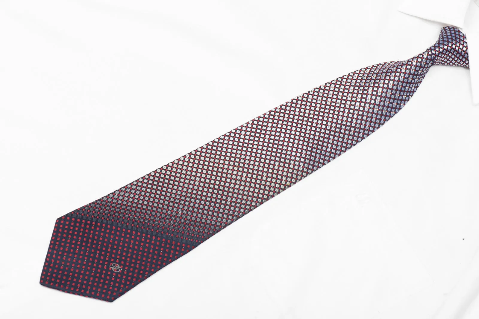 Silver Burgundy Geometric On Navy Blue Rhinestone Silk Tie With Silver Sparkles