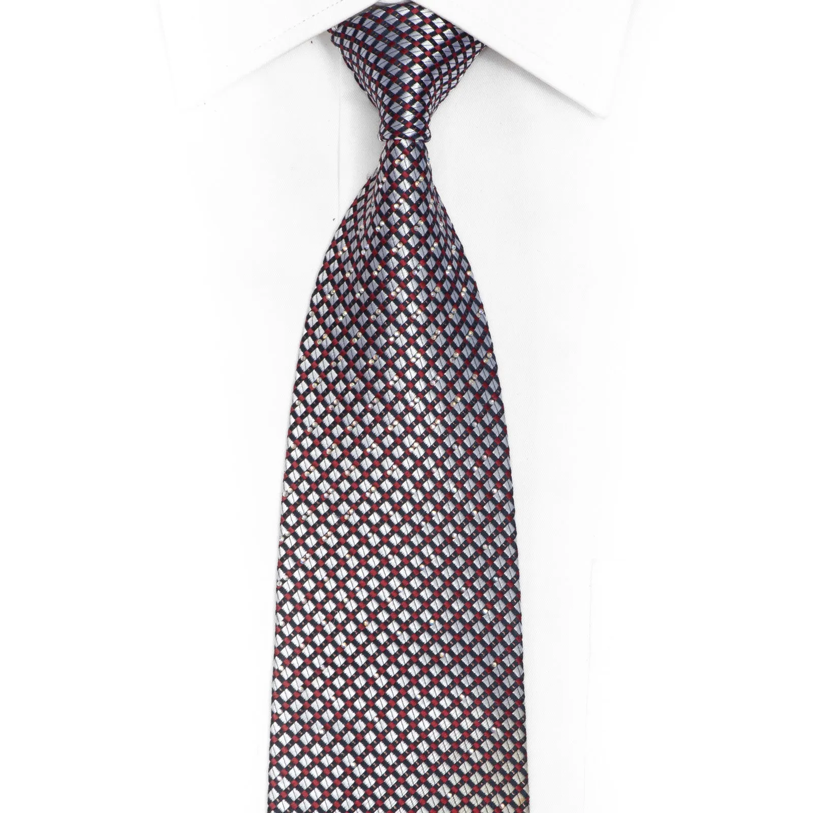 Silver Burgundy Geometric On Navy Blue Rhinestone Silk Tie With Silver Sparkles