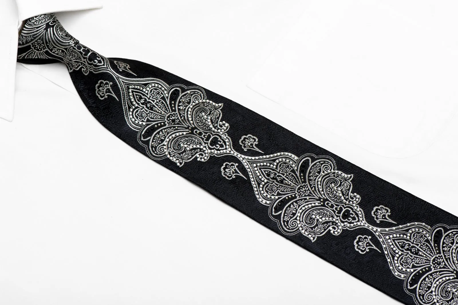 Silver Damask On Black Crystal Rhinestone Silk Necktie