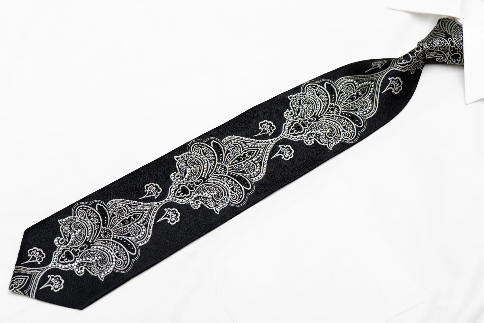 Silver Damask On Black Crystal Rhinestone Silk Necktie