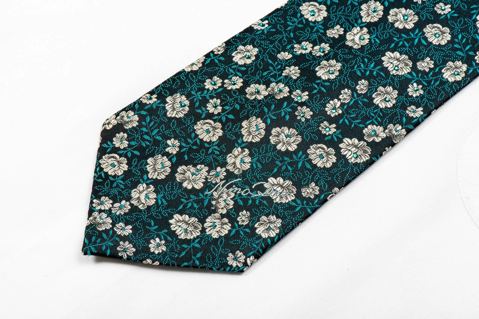 Silver Floral On Navy Rhinestone Silk Tie Sparkling With Rhinestones