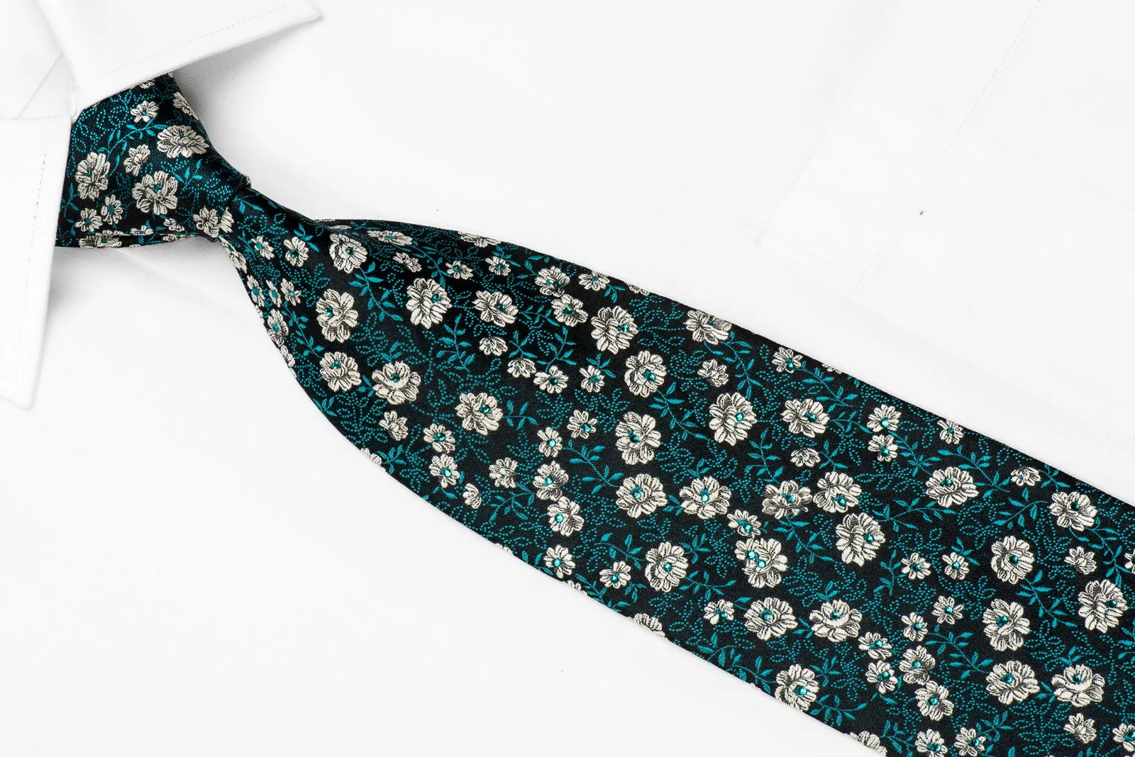 Silver Floral On Navy Rhinestone Silk Tie Sparkling With Rhinestones