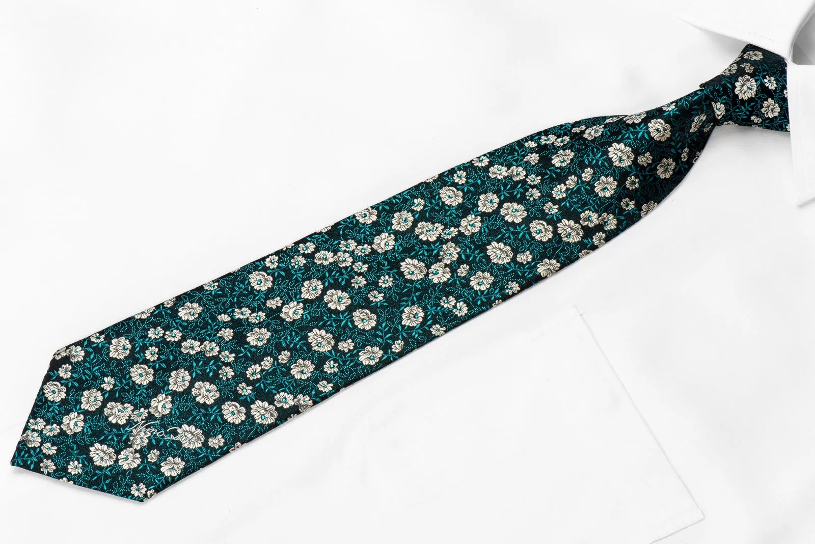 Silver Floral On Navy Rhinestone Silk Tie Sparkling With Rhinestones