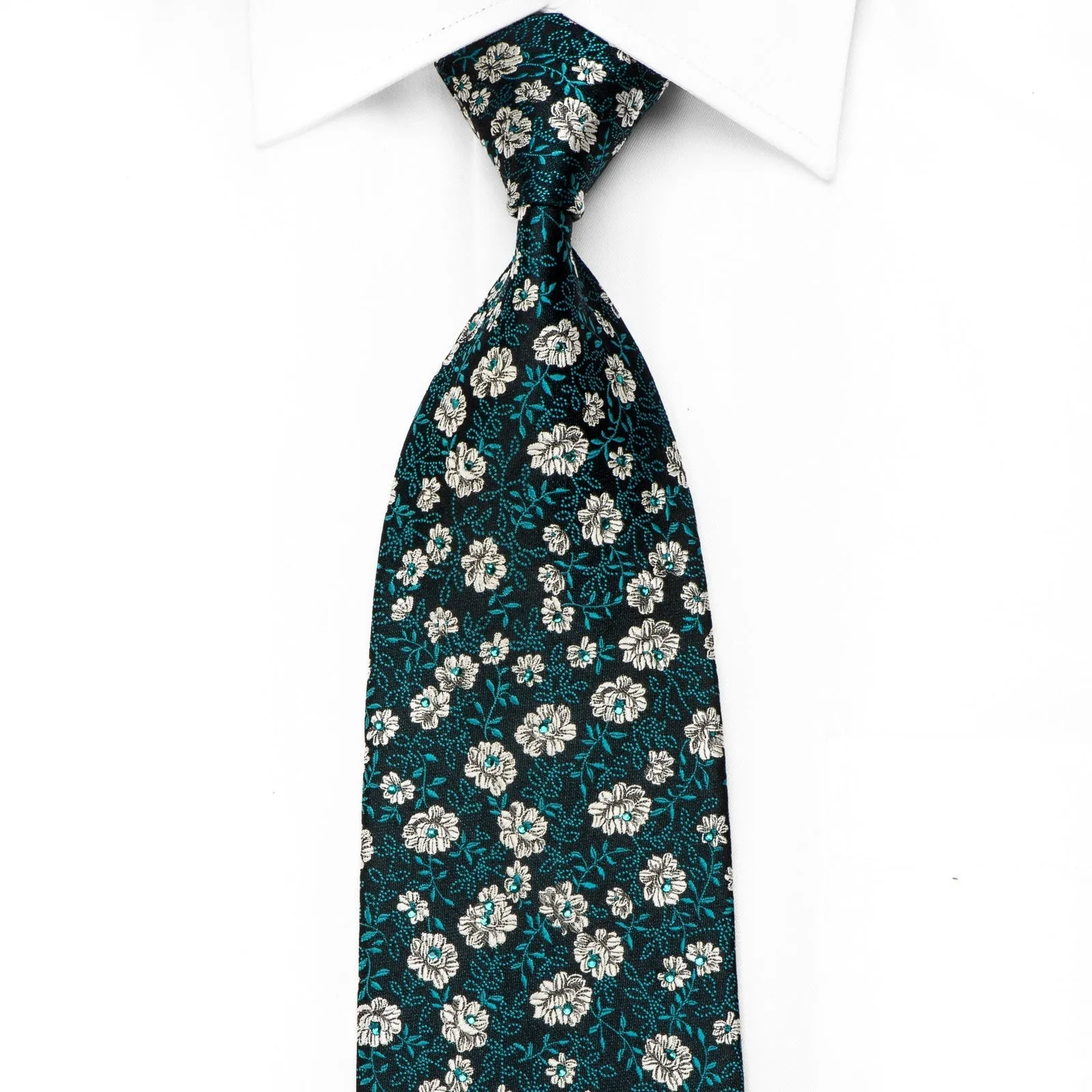 Silver Floral On Navy Rhinestone Silk Tie Sparkling With Rhinestones