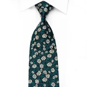 Silver Floral On Navy Rhinestone Silk Tie Sparkling With Rhinestones