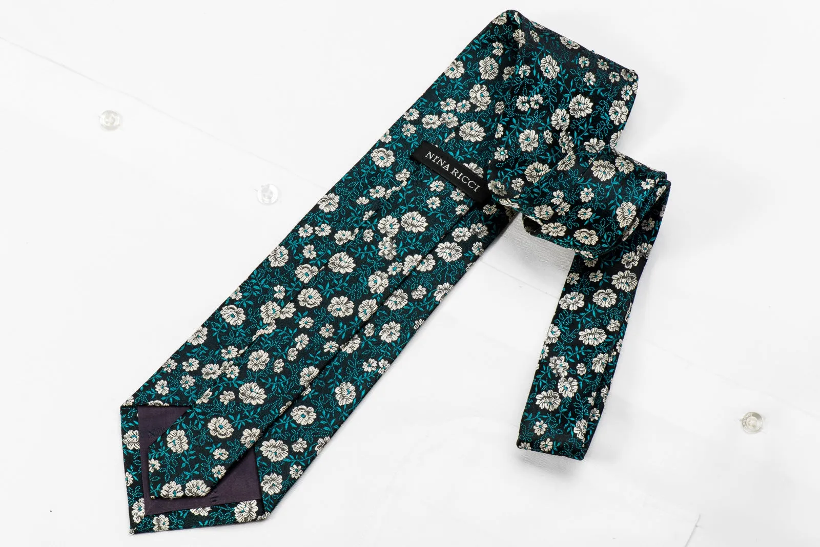 Silver Floral On Navy Rhinestone Silk Tie Sparkling With Rhinestones