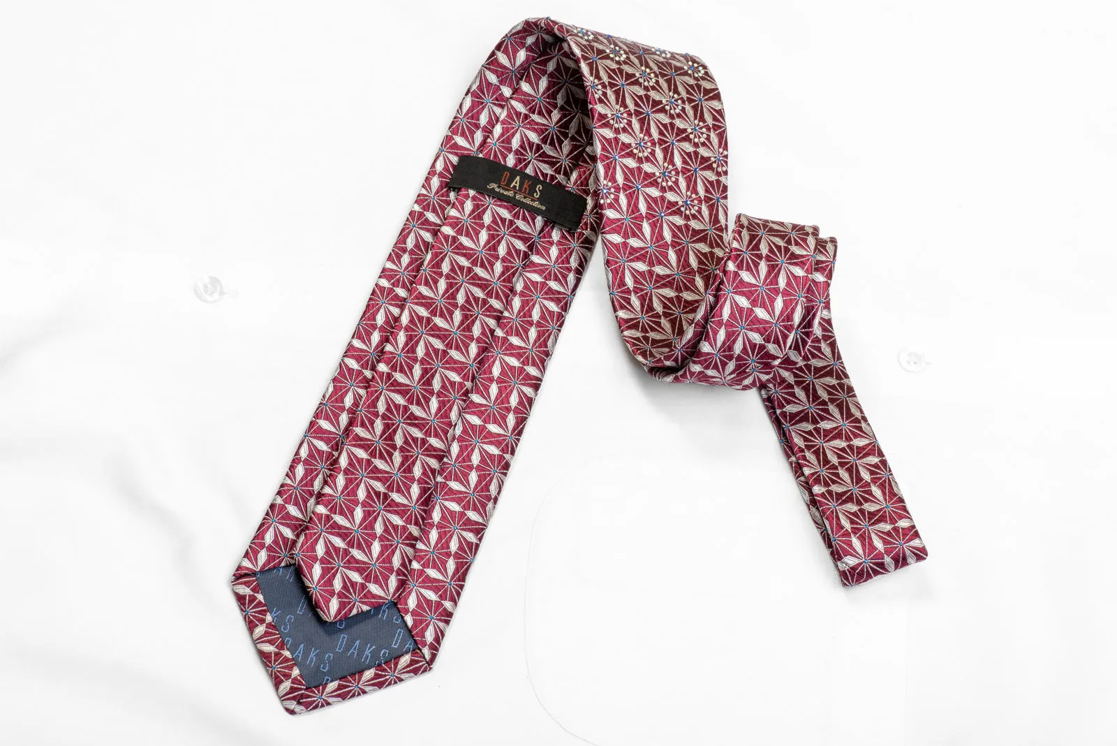 Silver Geometric Trellis On Burgundy Rhinestone Silk Necktie With Sparkles