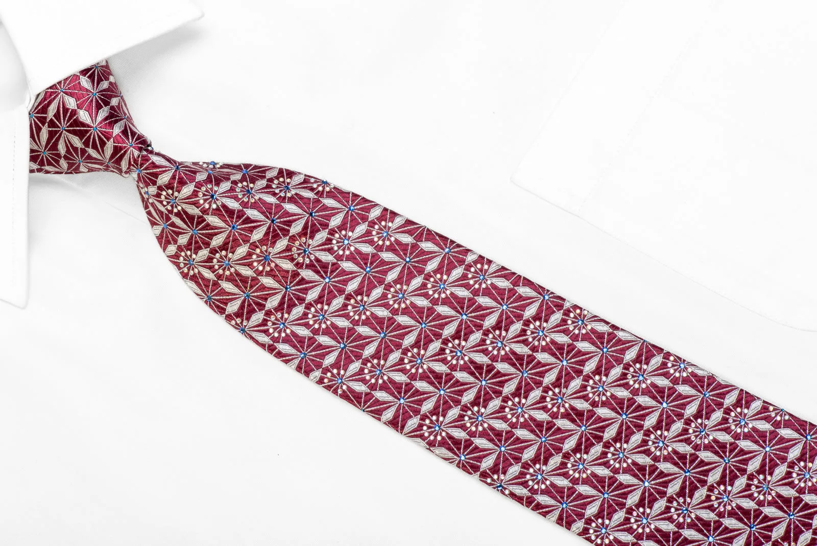 Silver Geometric Trellis On Burgundy Rhinestone Silk Necktie With Sparkles