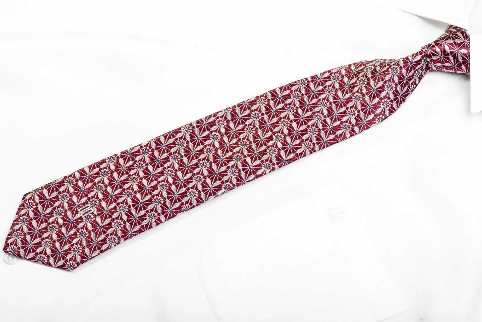 Silver Geometric Trellis On Burgundy Rhinestone Silk Necktie With Sparkles