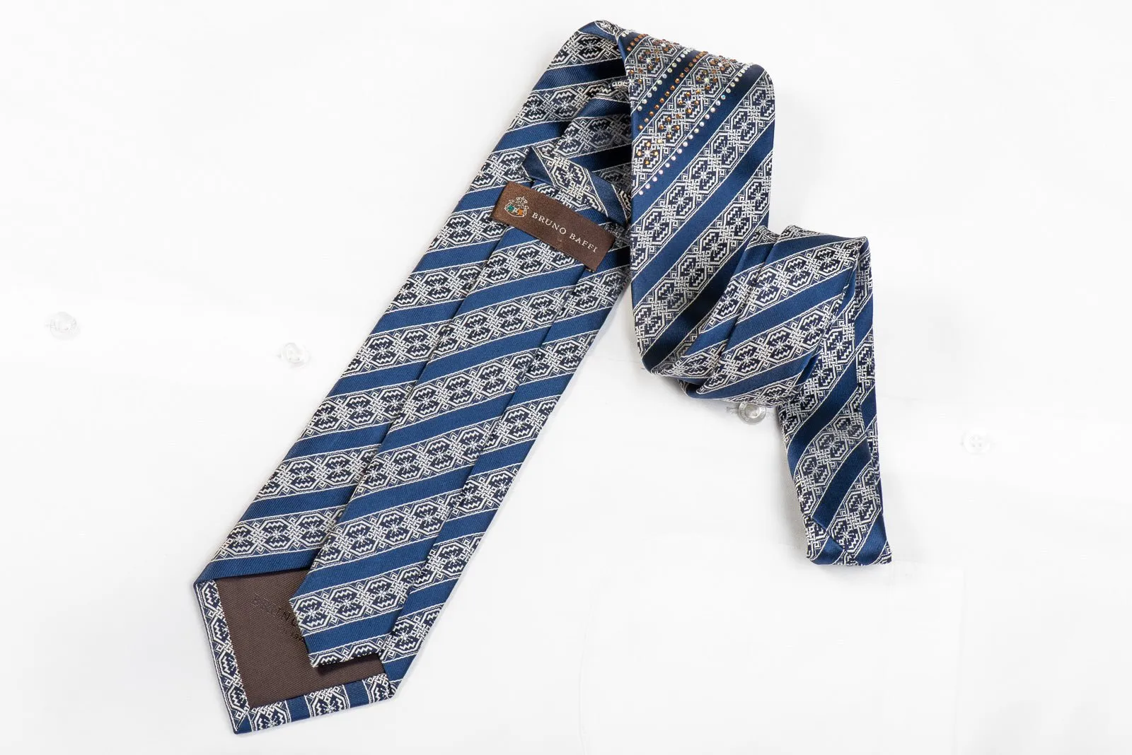 Silver Meander Striped On Blue Silk Necktie With Crystal Rhinestones
