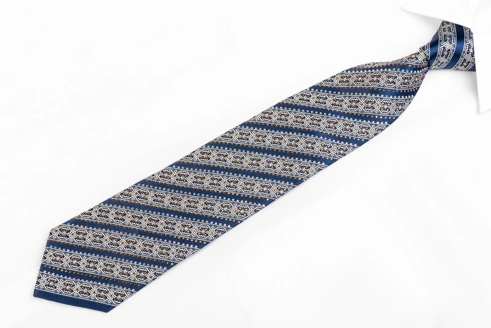 Silver Meander Striped On Blue Silk Necktie With Crystal Rhinestones