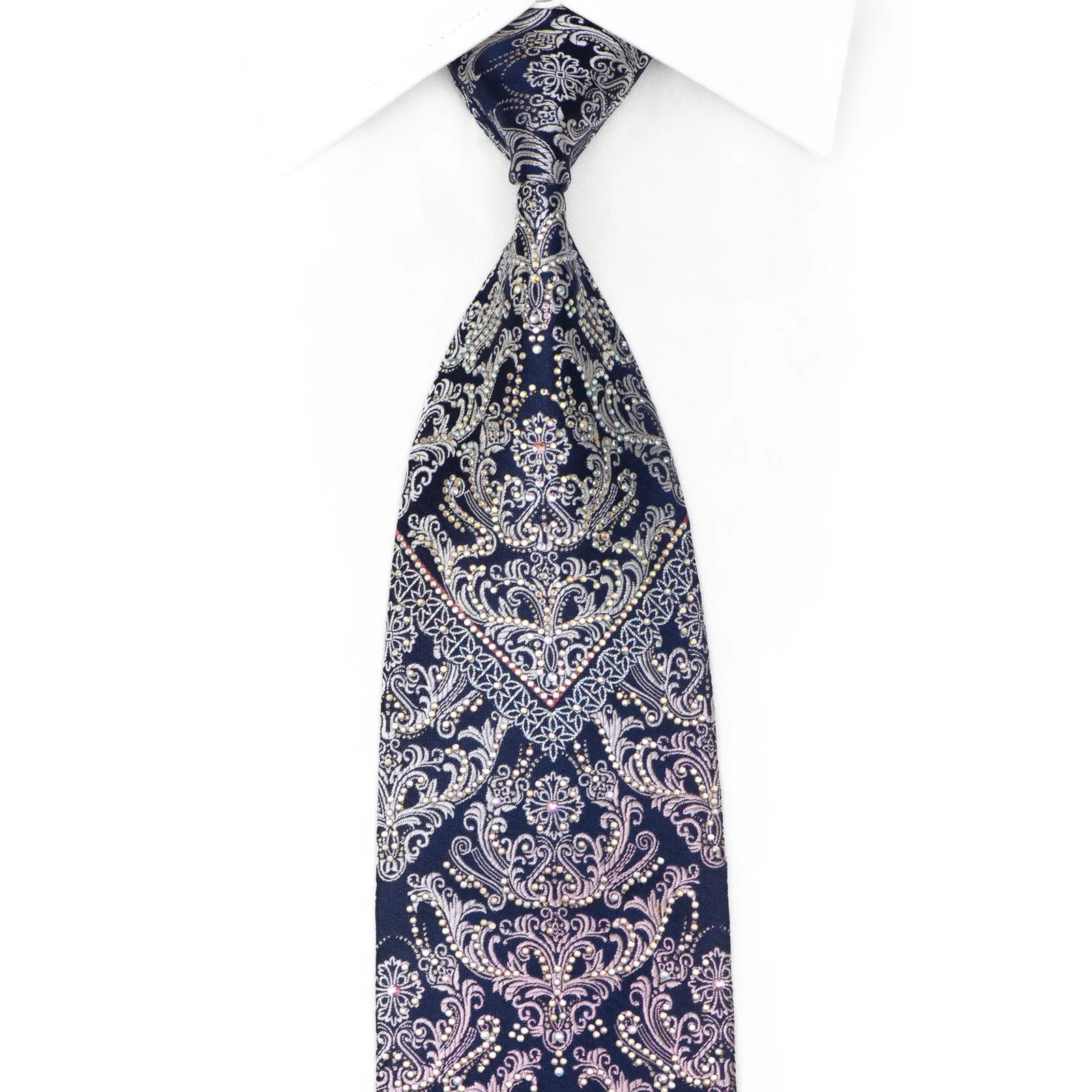 Silver Purple Damask On Navy Blue Rhinestone Silk Necktie With Silver Sparkles
