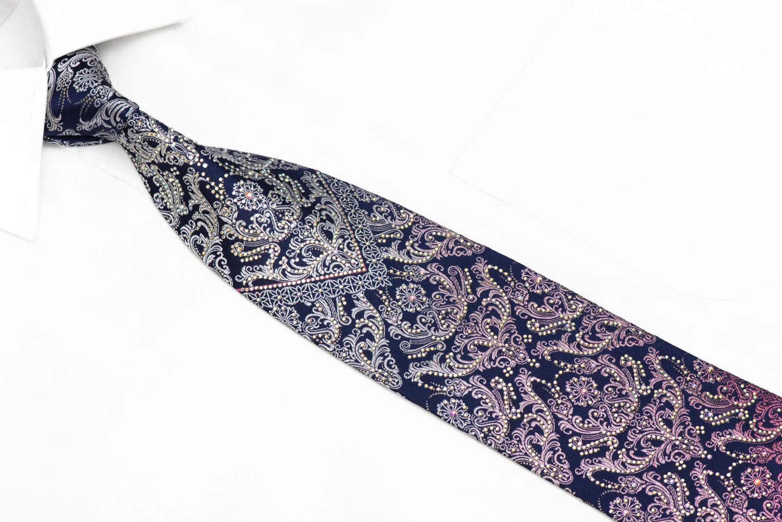 Silver Purple Damask On Navy Blue Rhinestone Silk Necktie With Silver Sparkles