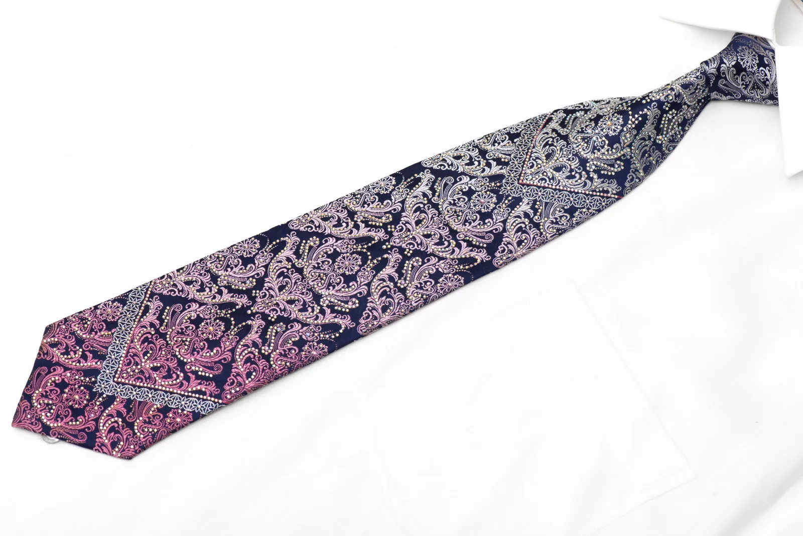 Silver Purple Damask On Navy Blue Rhinestone Silk Necktie With Silver Sparkles