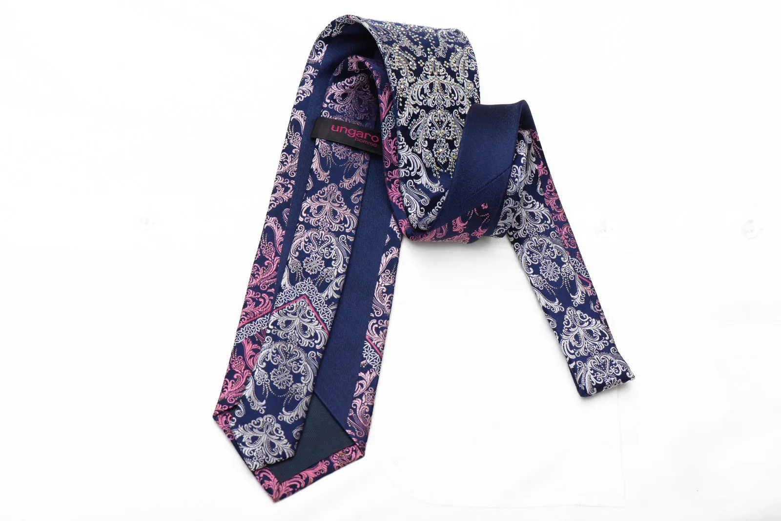 Silver Purple Damask On Navy Blue Rhinestone Silk Necktie With Silver Sparkles